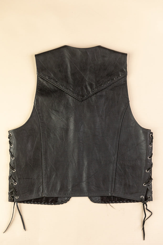 Vintage Motorcycle Vest | 1970's Vintage Black Leather Vest | Vintage Black Leather Biker Vest | Leather Moto Vest (Men's Large)