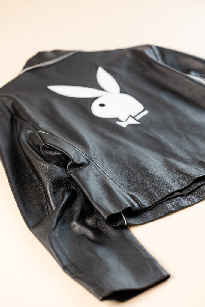 Vintage Playboy Leather Jacket | Playboy Bunny Jacket | Black And White Leather Jacket |Y2K Playboy Jacket |Playboy Moto Jacket (Women's XL)