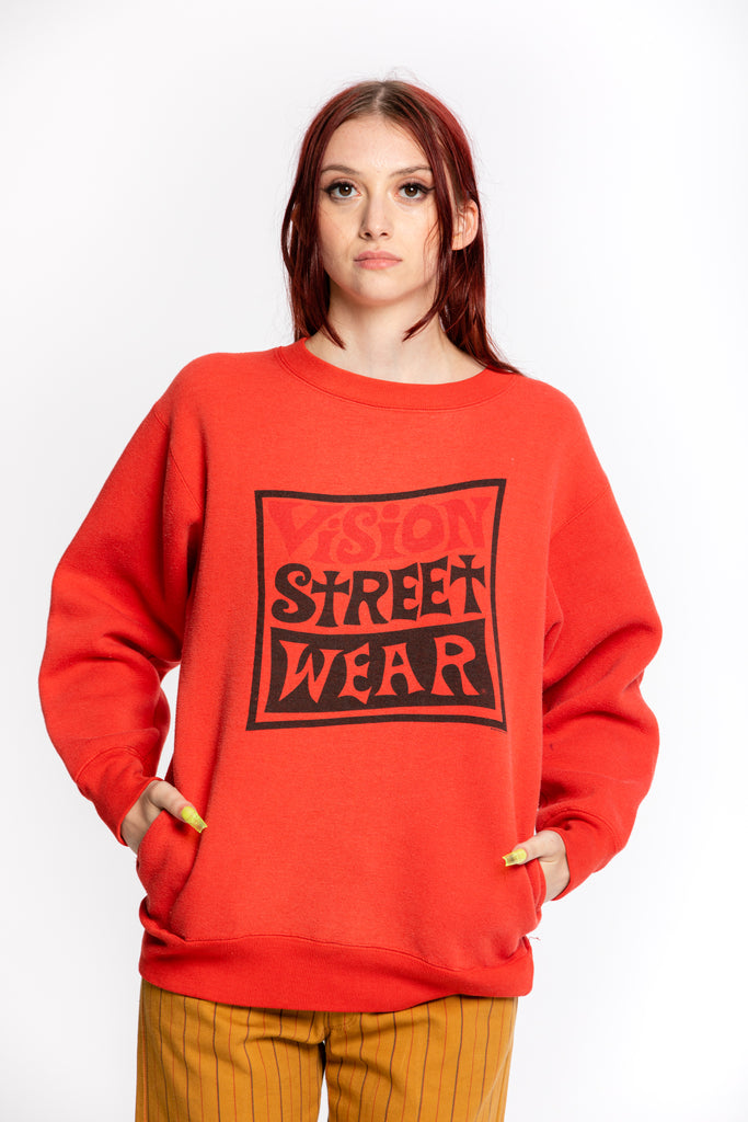Vintage Vision Street Wear crewneck | 1980's SKATER shirt| 1980's skateboarder, red sweatshirt with pockets (Small- Medium)