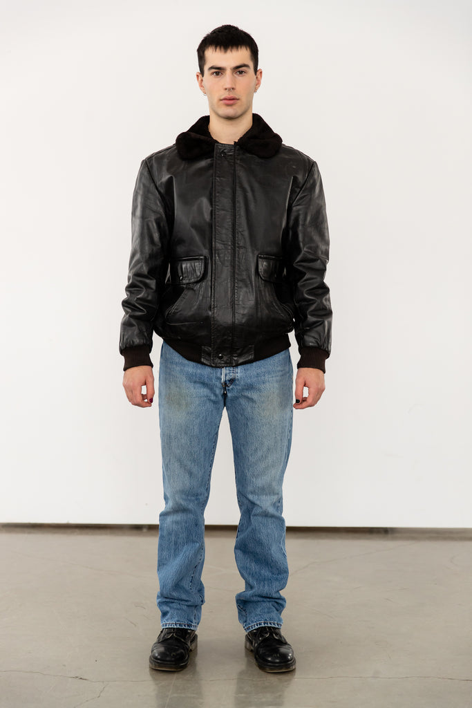 1980's G1 Flight Bomber Aviator Style Leather Jacket with Shearling Collar by Fiori