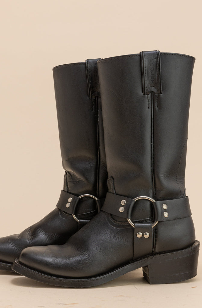 Vintage black Boulet harness boots| Black Pull on Boots| Black motorcycle Boots| Black Biker Boots| Black tall Boots| (women's 7.5)