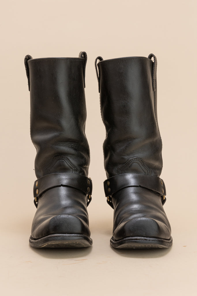 Vintage black Leather harness boots| Black Pull on Boots| Brass Harness| Black Biker Boots| Black Leather tall Boots| (men's 9.5)