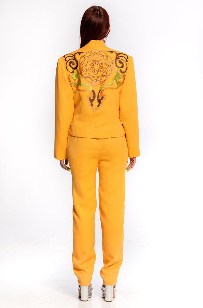Vintage embroidered Pantsuit, Yellow Orange, 1980's 2 pieces, designer power suit in, by Korii joko international (women's Small or 8)
