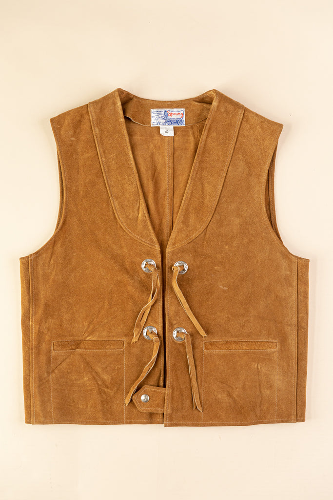 Vintage suede western Vest | 1970's Vintage Suede Leather Vest With Conchos | Biker Vest | Conchos Leather Moto Vest by Sprung (Men's Large)