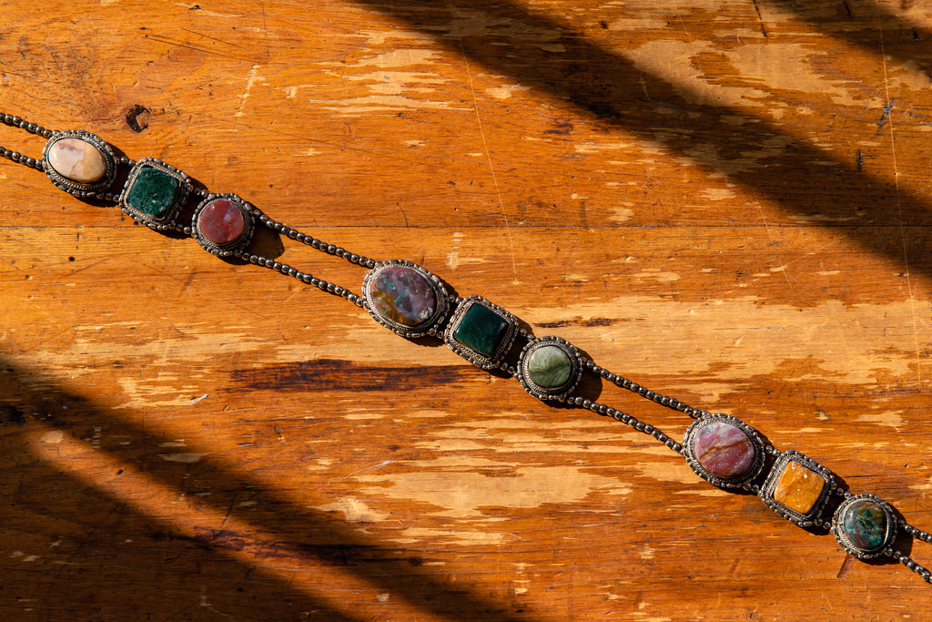 Vintage Agate Gem Stone Belt With Sterling Silver Beads Adjustable