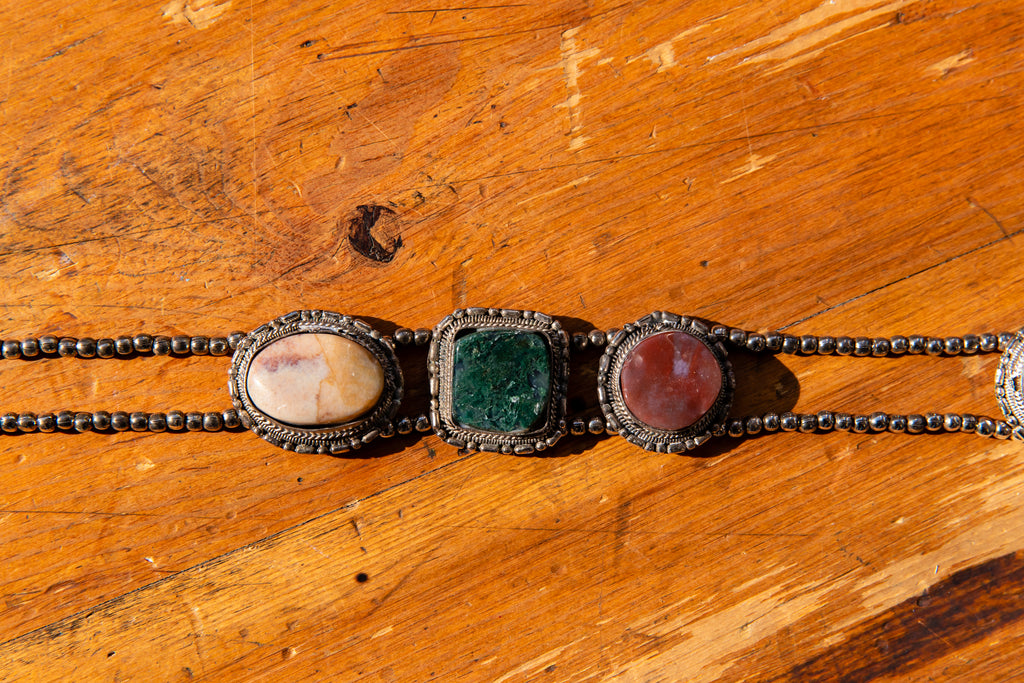 Vintage Agate Gem Stone Belt With Sterling Silver Beads Adjustable