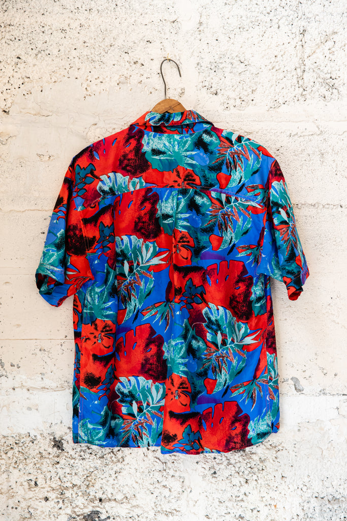 1980's, Vintage, Tropical Floral Print, Silk, Button Up Shirt, (Men's Medium)