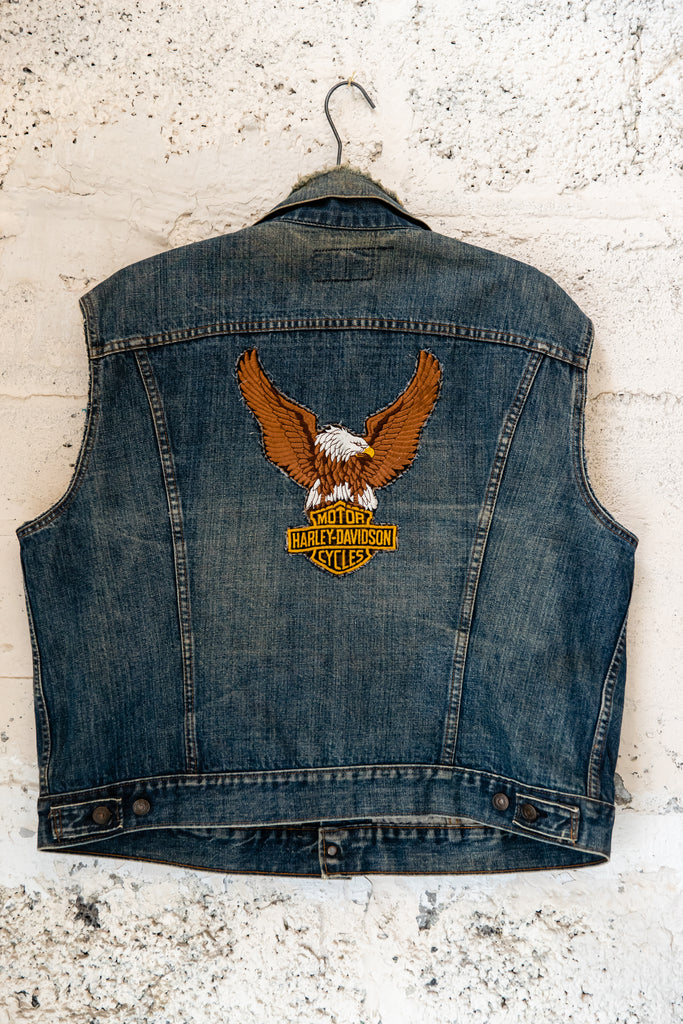 1970's, Vintage, LEVI'S Big E, Customized Motorcycle, Harley-Davidson, Budweiser, Astrology, Military, Denim Jean Jacket Vest. Men's Medium