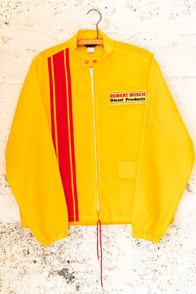 1980's Vintage, Gas Station Diesel  products Robert Bosch yellow and red stripe, Windbreaker Jacket (Men's Medium)