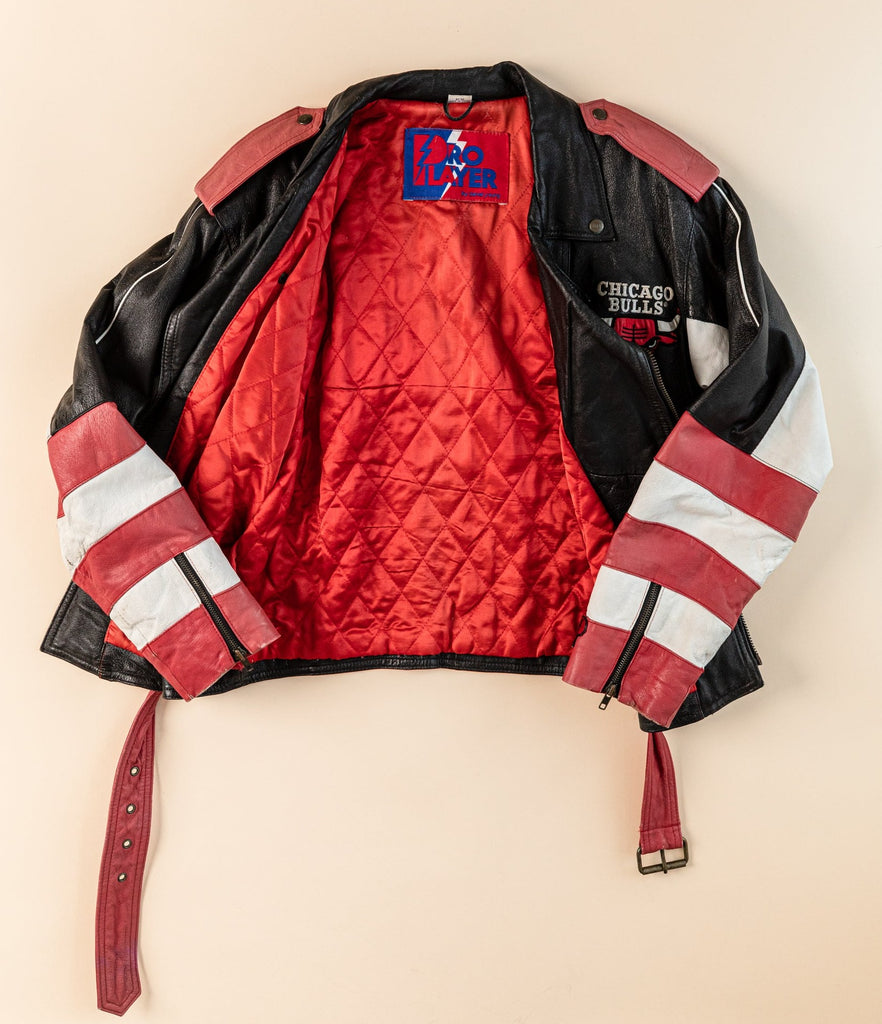 vintage Chicago Bulls Moto Jacket  Pro Player By Daniel Young  air Brush paint Bud 1990's NBA Leather Biker Jacket  (Men's XL)